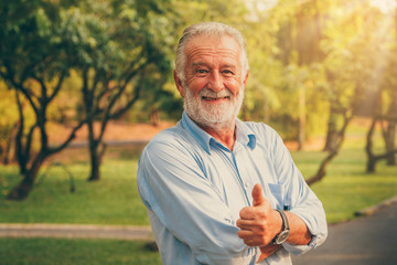 Wall Mural - Portrait of happy senior man standing in the park. Elder health and retirement concept.