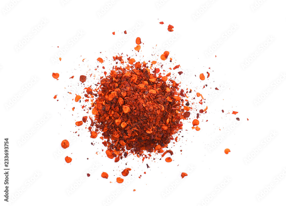 pile crushed red cayenne pepper, dried chili flakes and seeds on white background. - obrazy, fototapety, plakaty 
