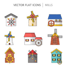 Vector Illustration With Set Of Cartoon Flat Windmills And Watermills Of Different Types Isolated On White Background. Agricultural Buildings With Rotating Sails