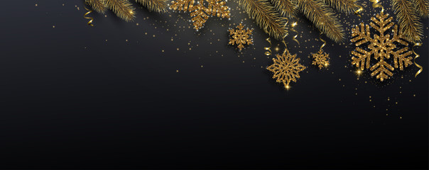 black festive banner with fir branches and golden shiny snowflakes.