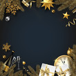 Christmas and New Year background with Christmas decorations, gifts, Champagne and clock.