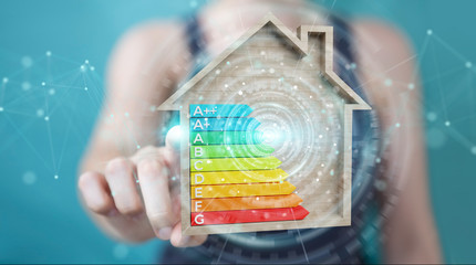 Wall Mural - businesswoman using 3d rendering energy rating chart in a wooden house