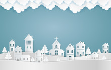 Winter With Homes And Snowy Paper Art . Beautiful Scenery In The  Design  Vector
