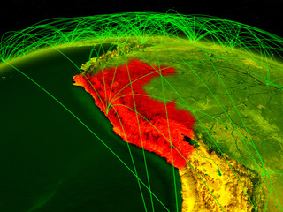 peru on digital planet earth with international network representing communication, travel and conne