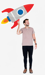 Sticker - Creative man with a launching rocket symbol