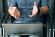 © golubovy - explanation and communication. man hands gesticulate in front of laptop.