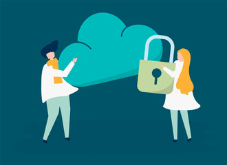 Canvas Print - Characters of a couple and a cloud security illustration