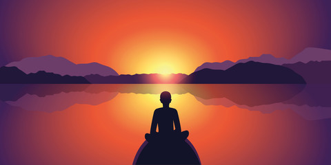 Wall Mural - person enjoy beautiful sunset at lake and mountain landscape silhouette vector illustration EPS10