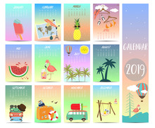 Doodle Calendar Set 2019 With Beach,sea,flamingo,pineapple,watermelon For Children.Can Be Used For Printable Graphic