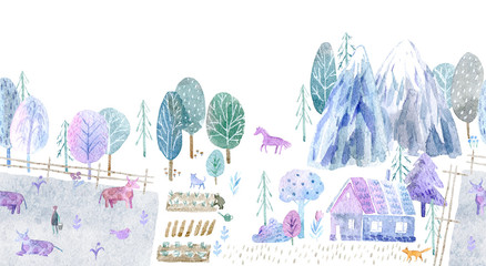 seamless border of a village, pasture, forest,cow,mountain, chicken, horse,farm and floral.landscape