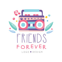 friends forever logo design, happy friendship day creative label with boombox for banner, poster, gr