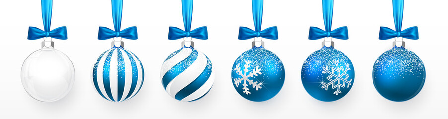 transparent and blue christmas ball with snow effect and blue bow set. xmas glass ball on white back