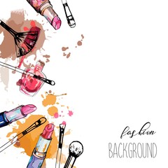 Cosmetics and fashion background with make up artist objects: lipstick, nail polish, brush. With place for your text.