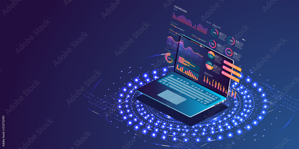 Application of laptop with business graph and analytics data on isometric laptop . Analysis trends and financial strategy by using infographic chart. Online statistics and data Analytics. Vector  - obrazy, fototapety, plakaty 