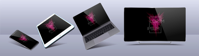 	 White desktop computer display screen smartphone portable notebook . Outline mockup electronics devices phone and laptop, tv.  collection gadgets, Mockups to showcase your web-site design