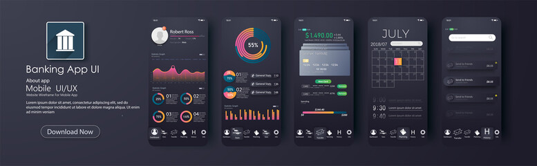Fototapete - Design of the mobile app UI, UX. A set of GUI screens for mobile banking , home page, payment information, ratings and statistics, settings, payment screens and bank cards
