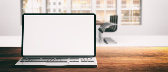 Laptop with blank screen, on a wooden desk, blur office background, 3d illustration