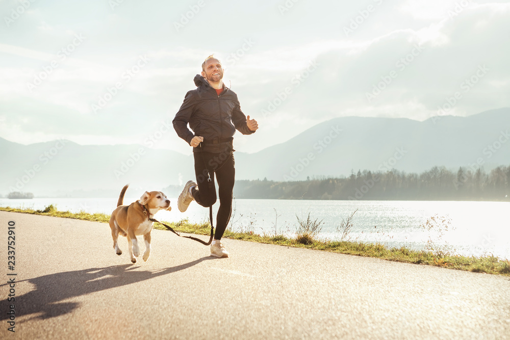 Morning jogging with pet: man runs together with his beagle dog - obrazy, fototapety, plakaty 