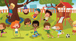 Group of kids playing game on a public park or school playground with with swings, slides, skate, ball, crayons, rope, playing catch-up game. Happy childhood. Modern vector illustration. Clipart.