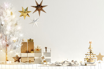modern christmas interior, scandinavian style. wall mock up. 3d illustration