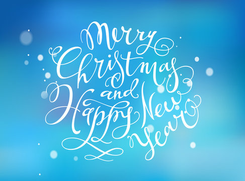 Merry Christmas and Happy New Year Hand- drawn Lettering based on a Brush Calligraphy on a black background. Gold Snowflakes on a black background. Vector.