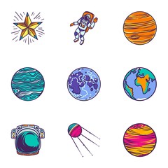 Poster - Space universe icon set. Hand drawn set of 9 space universe vector icons for web design isolated on white background