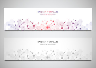 Wall Mural - Vector banners and headers for site with molecules background and neural network. Genetic engineering or laboratory research. Abstract geometric texture for medical, science and technology design.