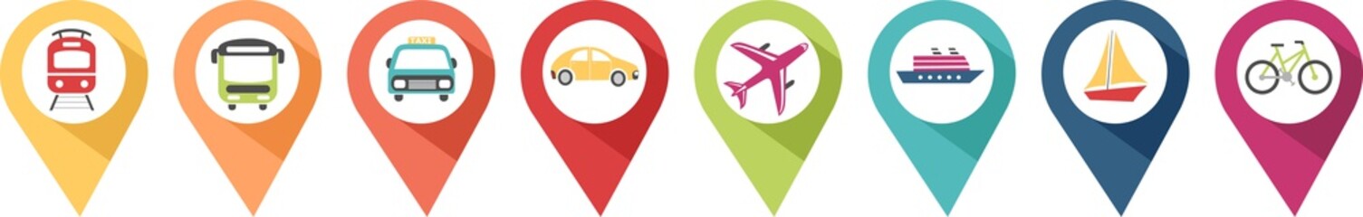 Pictograms of transport vehicles in coloured pins to locate a location