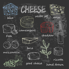 Wall Mural - Hand drawn various sorts of cheese. Colored graphic vector set. All elements are isolated. Chalkboard style. Black background