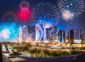 Wall Mural - Beautiful fireworks above West Bay and Doha City, Qatar