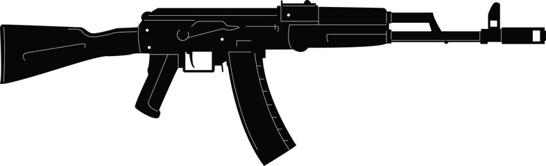 Submachine gun icon or sign isolated on white background. Kalashnikov or AK47 black silhouette. Vector illustration.