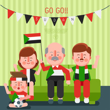 Happy Family Cheering Sport With National Flag : Sudan : Vector Illustration