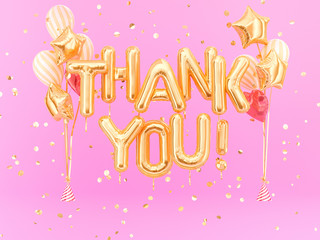 Wall Mural - Thank You banner gold inflatable letters and balloons on pink background, 3d rendering