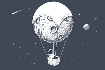 Wall Mural - astronaut travels by on aerostat made of moon