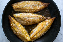 Close Up Of Fried Mackerel In Frying Pan