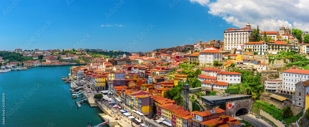 Porto, Portugal panoramic view of old town Oporto from Dom Luis bridge on the Douro Rive - obrazy, fototapety, plakaty 