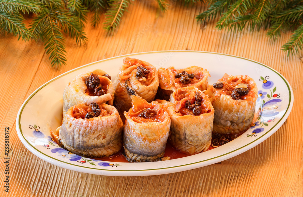 Christmas Kashubian herring with onions and raisins - obrazy, fototapety, plakaty 