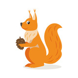 Fototapeta Dinusie - Icon of funny cute orange squirrel with cone isolated, forest, woodland animal, vector illustration for children book or decoration