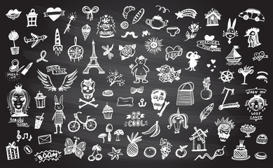 Wall Mural - doodle graphic line elements set on a chalkboard, hand drawn illustration symbols