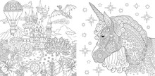 Coloring Pages With Fairytale Castle And Magic Unicorn