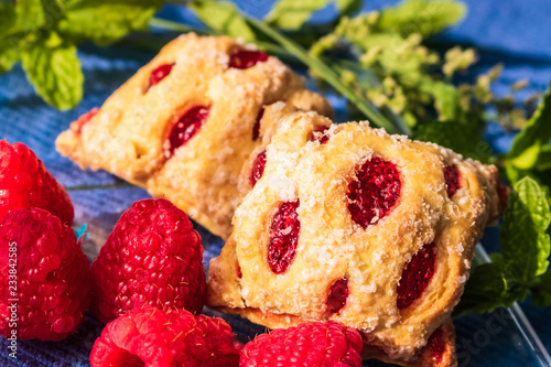 Fotografie, Obraz Fresh Raspberry Filled Pastries with Herbs