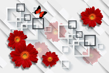 3d Wallpaper, Red Gerbera Daisy Flower On White Abstract Background