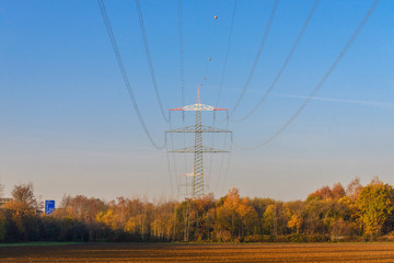 View of fore ground empty agriculture field and background of range autumn trees, high voltage pole and electric cables on clear blue sky morning sunrise sky and light.  