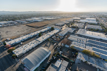 Late Afternoon Aerial View Of Industrial Buildings Near Burbank Airport In Southern California.  