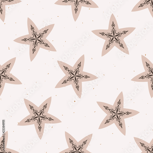 Fotografija Winter Rustic Stars Lino Cut Texture Seamless Vector Pattern, Sketchy Folk Snowflake Blockprint