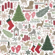 Seamless Vector German Christmas Holiday Traditions In Red, Green, Brown On Shiplap Wood Planks