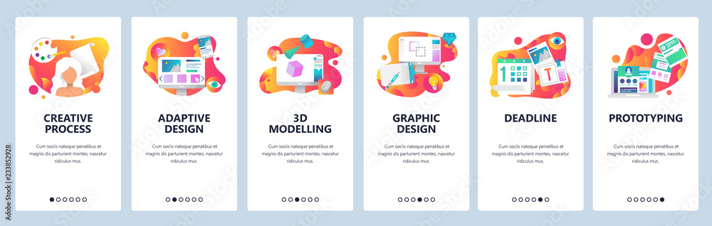 Vector web site onboarding screens gradient template. Graphic design, prototyping, creative artist and 3d modelling. Menu banners for website and mobile app development. Modern design flat - obrazy, fototapety, plakaty 