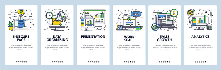 Poster - vector web site linear art onboarding screens template. business analytics and financial report pres