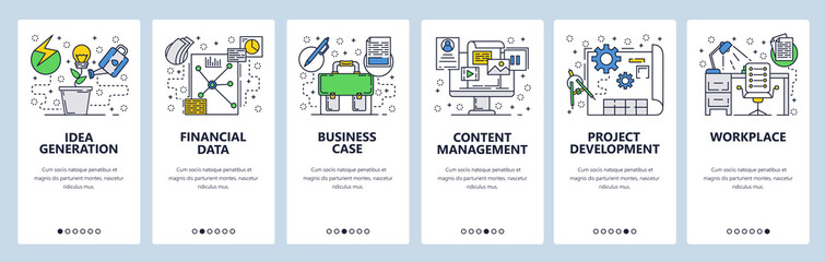 Poster - vector web site linear art onboarding screens template. business workplace, project development and 