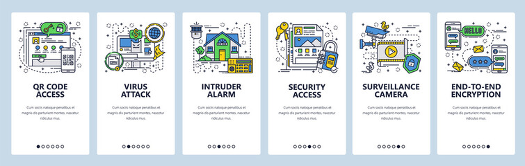 Vector web site linear art onboarding screens template. Security access and encrypted messaging. Menu banners for website and mobile app development. Modern design flat illustration.